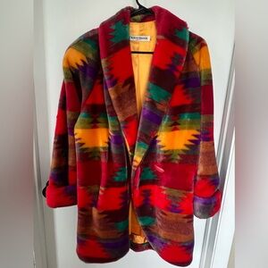 Vintage Donnybrook 80s Regal Plush Faux Fur Coat Rainbow Tribal Oversized Small
